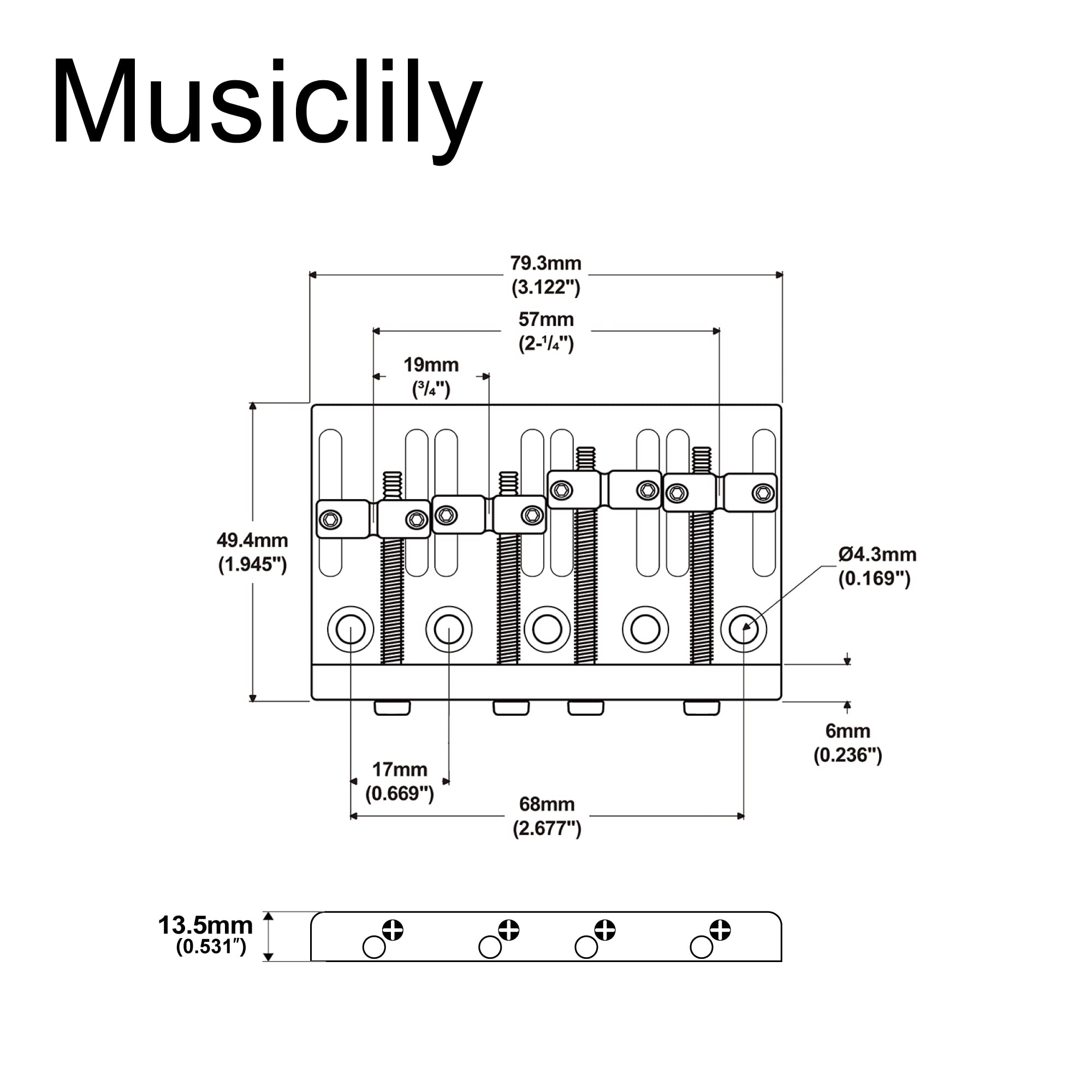 Musiclily 4 String Hardtail Bass Guitar Bridge for Fender Precision Jazz Bass PB JB Style Bass, Chrome